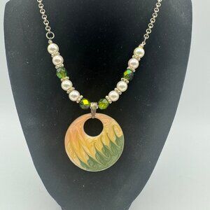 Shades of Green Beaded Necklace With Swirled Resin Pendant & Faux Pearls